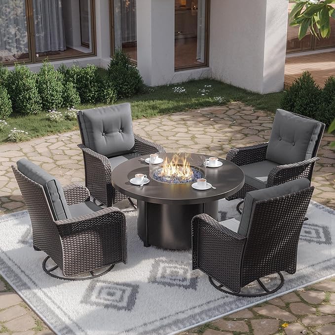 Kurapika 5 Pieces Patio Furniture Set, Rattan Wicker Outdoor Conversation Sets, 4 Woven Rattan Swivel Chairs w/48in Propane Fire Pit Table and Thickened Cushions, Grey