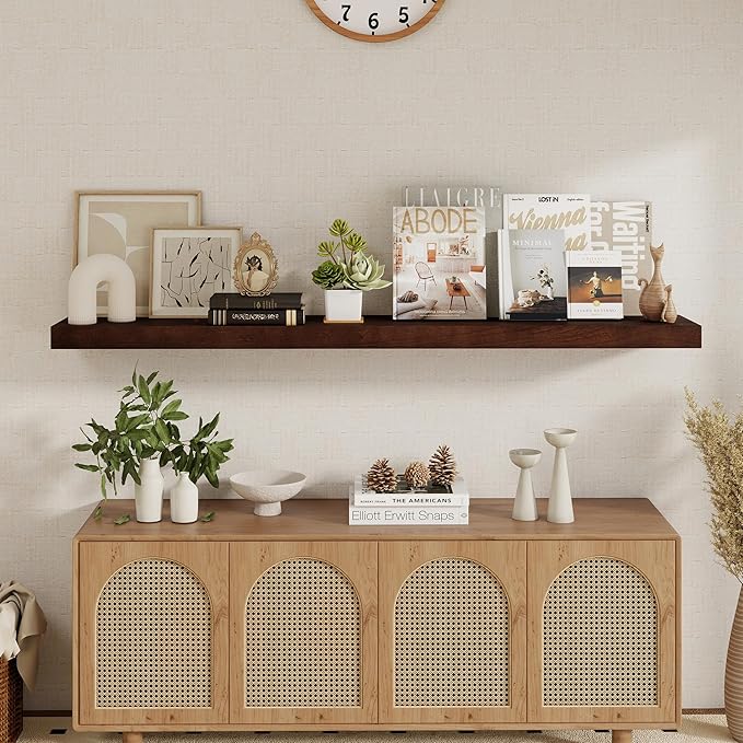 fuqing 55 Inch Wide x 9.3 Inch Deep Natural Wood Floating Shelves - Set of 1 - Country Rustic Style - Wall Mounted - Extra Deep and Thick - 15 lbs Capacity