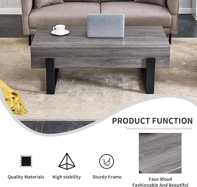 47.2'' Rectangular Coffee Table Morden Grey Table Top Black Legs for Living Room Office