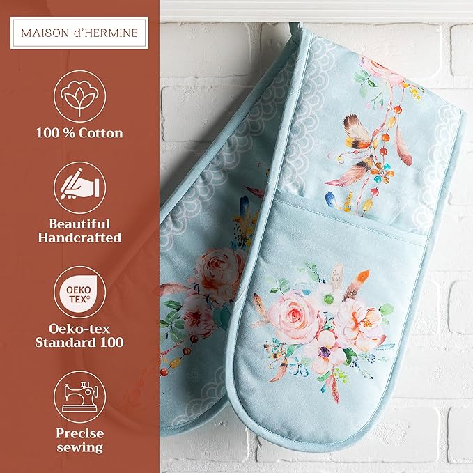 Maison d' Hermine Double Oven Mitts 100% Cotton 7"x35" Double Oven Mitt Heat Resistant BBQ Cooking Gloves with Loop, Baking, Grilling, Home, Kitchen, Handling Hot Pans Spring Summer (Ibiza)