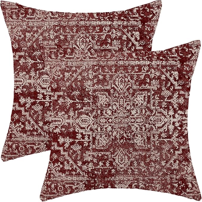 Boho Throw Pillow Covers 18x18 Inch Set of 2, Carpet Pattern Wine Red Decorative Throw Pillow Covers Christmas Burgandy Red Linen Outdoor Cushion Cover for Sofa Couch Farmhouse Room Bed Decor