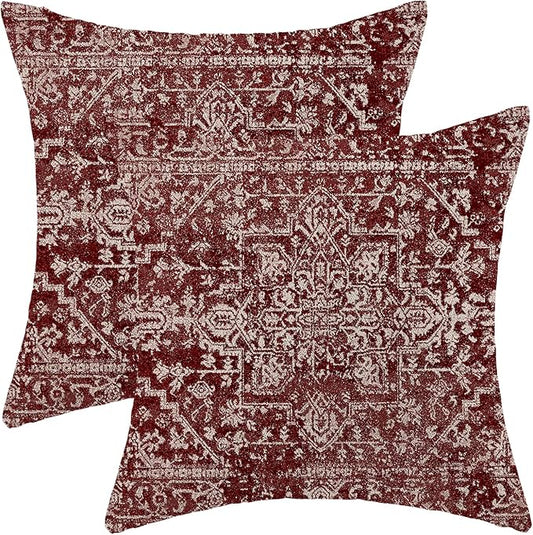 Boho Throw Pillow Covers 18x18 Inch Set of 2, Carpet Pattern Wine Red Decorative Throw Pillow Covers Christmas Burgandy Red Linen Outdoor Cushion Cover for Sofa Couch Farmhouse Room Bed Decor
