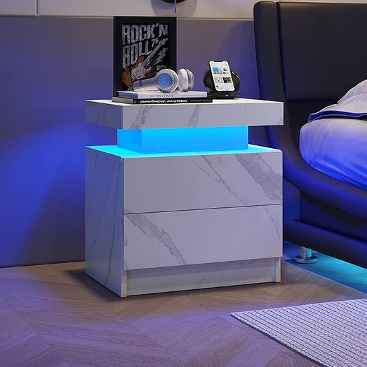 LED Nightstands, Modern End Side Table with 2 Drawers, LED Bedroom Furniture for Bedroom and Living Room, White Marble Pattern
