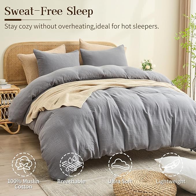 MEISHANG Muslin Duvet Cover King Size - 100% Organic Cotton, Soft Textured Gauze Weave Comforter Cover for Breathable All-Season with Zipper Closure - 3 Piece Set (King, Dark Grey)