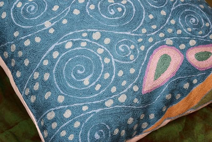 Klimt Blue Teal Modern Pillow Cover Blue - Soul | Mid Century Chair Cushions | Abstract Throw Pillows | Contemporary Pillowcase | Modern Couch Pillows | Hand Embroidered Cushion | Wool Size 18x18