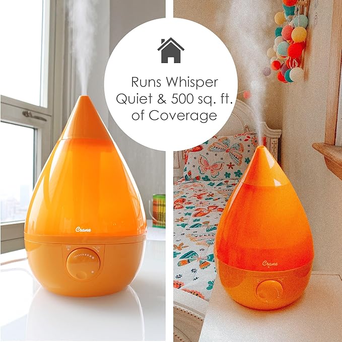 Crane Ultrasonic Cool Mist Humidifier for Bedroom, Baby Nursery, Kids Room, Plants, or Office, Large 1 Gallon Tank, Filter Optional, Orange