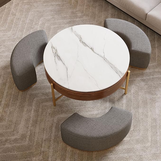 WILLIAMSPACE 31.5" Lift Top Coffee Table Set, Modern Round Marble Coffee Table with Storage & 3 Upholstered Nesting Ottomans, Accent Center Table for Living Room, Apartment