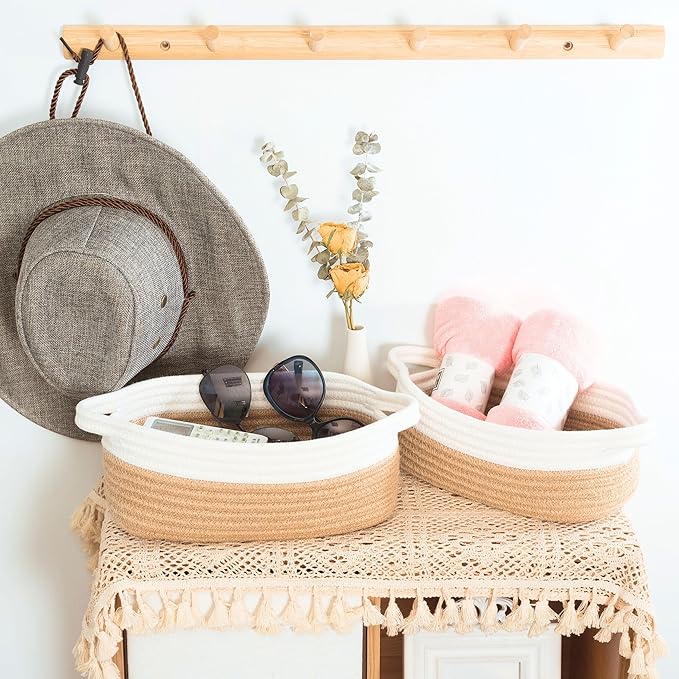 MINTWOOD Design 5-Piece Small Decorative Woven Storage Baskets Set for Shelves, Bathroom, Pantry and Nightstand Organizer, Catch All Tray with Handles for Organizing Gifts, Dog and Cat Toys, Jute