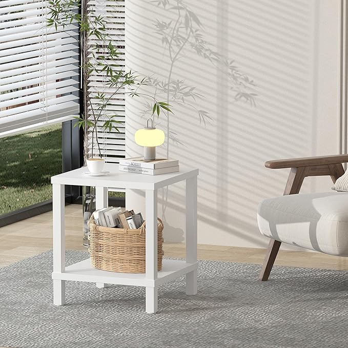 Large End Table Square Side Table Modern Sofa Table 20 Inch Industrial Coffee Table NightStand with 2-Tier Storage Shelf for Living Room Bedroom White MLBZ06W