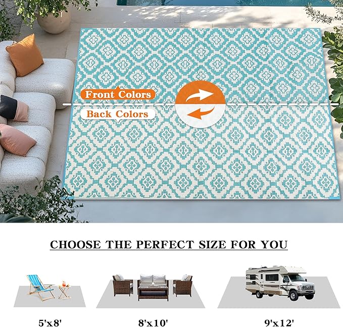 Wallona Outdoor Rugs 8x10 ft Patio Waterproof Clearance Indoor Outdoor Large Carpet for Patio Plastic Straw Reversible Area Rugs Mat for RV, Camping, Balcony, Beach, Picnic, Porch, Brick Green & White