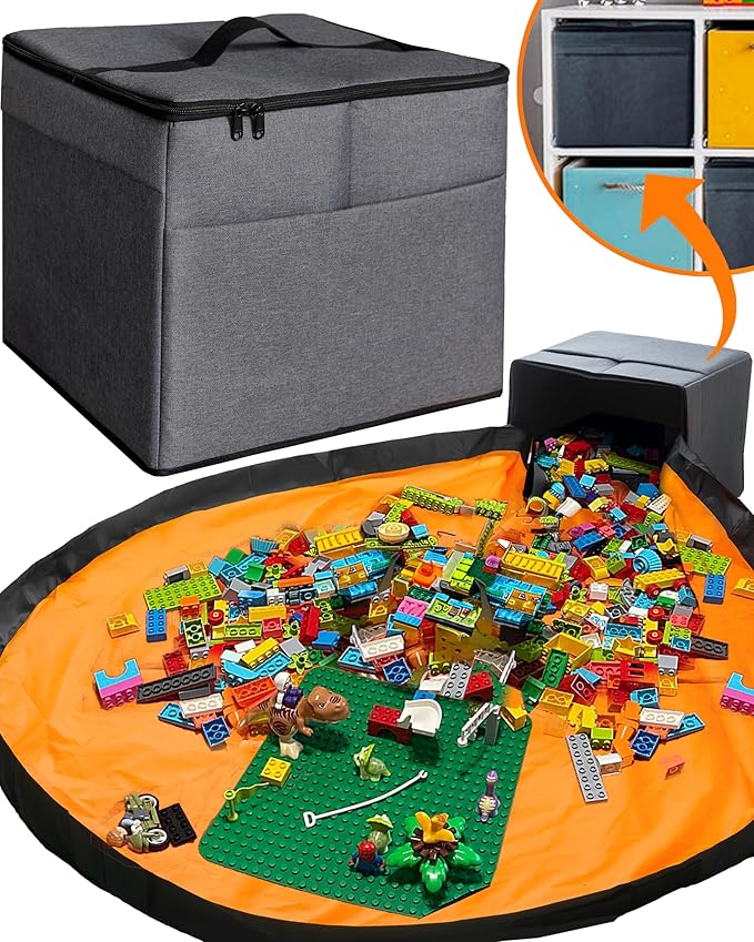 XL Toy Storage Organizer with Play Mat - Storage Bag/Box for Kids, Boys, Girls, Nursery, Playroom - Basket for Building Bricks/Blocks - Collapsible Fabric Cube Bin, 13"x13"x15"