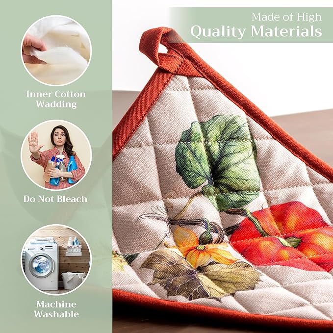 Maison d' Hermine Pot Holders Set 100% Cotton Heat Resistant Potholders 8" x 8" Hot Pads with Loop for Thanksgiving Christmas Decorations BBQ Cooking Baking Handling Hot Pans (Pack of 2, Potiron)
