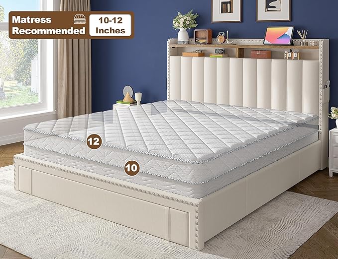 EnHomee Queen Size Bed Frame, Upholstered Queen Bed Frame with 3 Storage Drawers & 2-Tier Headboard Shelves, 1100LBS Heavy Duty, No Box Spring Needed, Easy Assembly, Beige