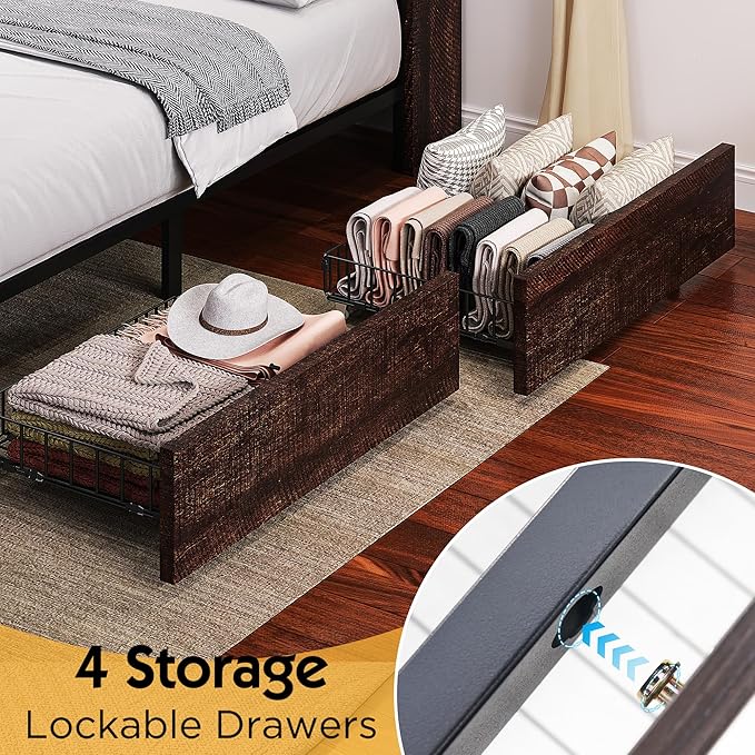 Twin Farmhouse Bed Frame with Bookcase Headboard and 4 Drawers, LED Storage Bed with Charging Station & Linen Upholstered, No Box Spring Needed, Reclaimed Barnwood