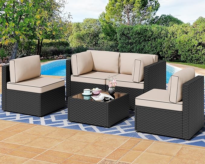 Shintenchi 5 Pieces Outdoor Patio Sectional Sofa Couch, Black PE Wicker Furniture Sets, Patio Conversation Sets with Washable Cushions Glass Coffee Table for Garden, Poolside, Backyard,(Khaki)