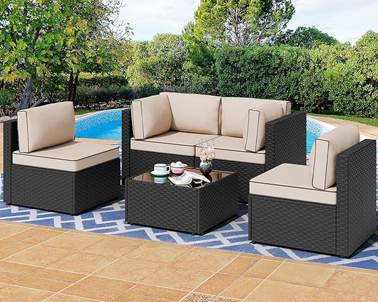 Shintenchi 5 Pieces Outdoor Patio Sectional Sofa Couch, Black PE Wicker Furniture Sets, Patio Conversation Sets with Washable Cushions Glass Coffee Table for Garden, Poolside, Backyard,(Khaki)