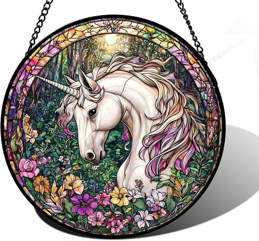 Stained Glass Window Hanging, Unicorn Flowers Suncatcher for Doors Home Sun Catchers Decoration and Christmas, Mother's Day Birthday Gifts for Women, Men, and Mom 7.8 in