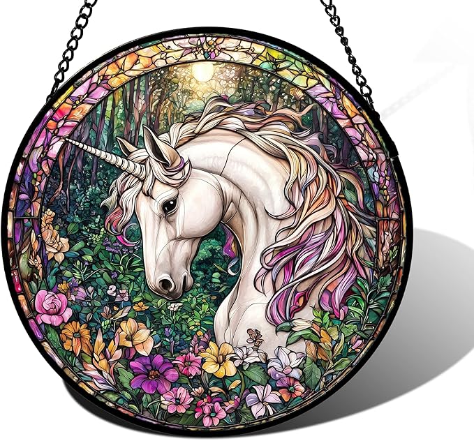 Stained Glass Window Hanging, Unicorn Flowers Suncatcher for Doors Home Sun Catchers Decoration and Christmas, Mother's Day Birthday Gifts for Women, Men, and Mom 9.8 in