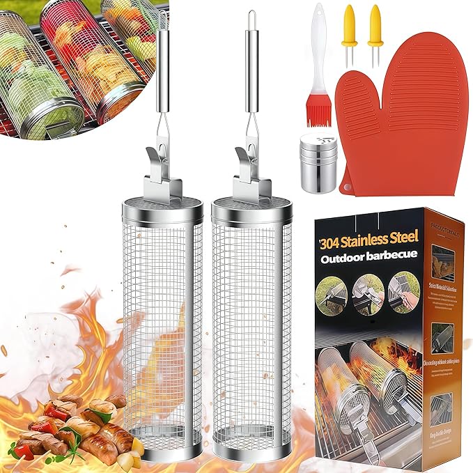 Rolling Grill Baskets (2PCS), 304 Stainless Steel, Silver, Round, Perfect for Veggies, Shrimp, Meats, Father's Day Gift