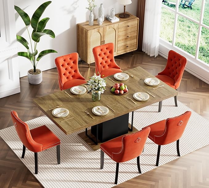 Goujxcy 78.7" Farmhouse Extendable Dining Room Table Set for 6, 7-Piece Rectangle Kitchen Dining Room Table Set with Wood Base and 6 Orange Velvet Dining Chairs, Extending Kitchen & Dining Table Set