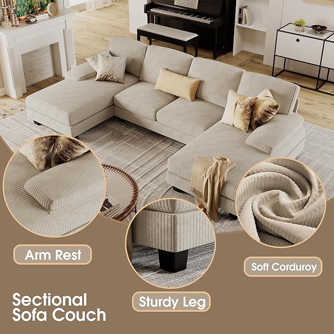 Furmax Sectional Couches for Living Room, U-Shaped Sofa Couch with Linen Fabric, 4 Seat Sofa Set with Double Chaise for Apartment (Corduroy, Beige)