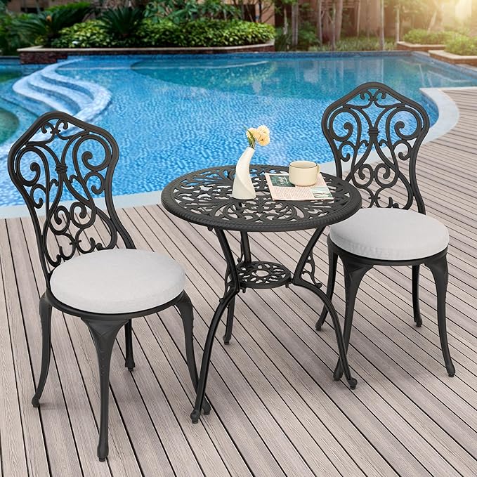 NUU GARDEN Patio 3-Piece Bistro Set with Olefin Cushions, Patio Chairs and Outdoor Round Table with Umbrella Hole, Cast Aluminum Patio Set for Lawn, Garden, Porch, Poolside, Black