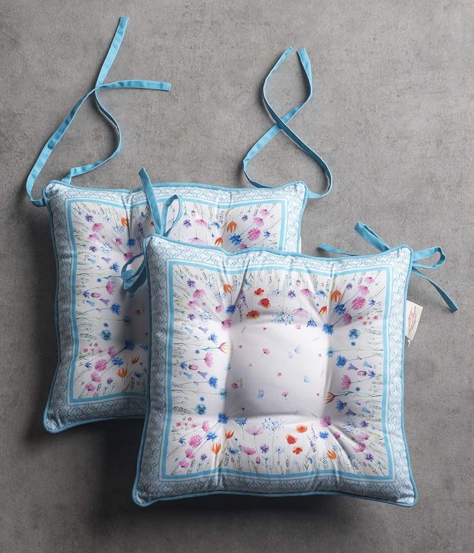 Maison d' Hermine Chair Pads for Dining Chairs Cotton Outer Fabric and Poly Filling 16"x16" Patio Seat Cushions for Furniture with Ties Home Chair Party Hall Farmhouse (Flower In The Field, Pack of 2)