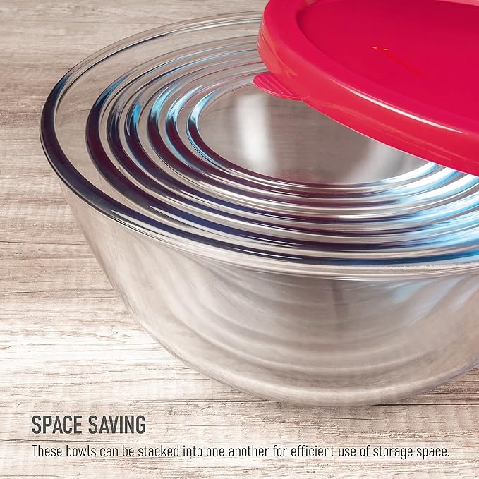 7 Stackable Space-Saving Nesting Glass Bowls with Pink Lids for Foodprep, Storage, Baking, Mixing & Cooking, Microwave Safe - Durable Inert Borosilicate Glass