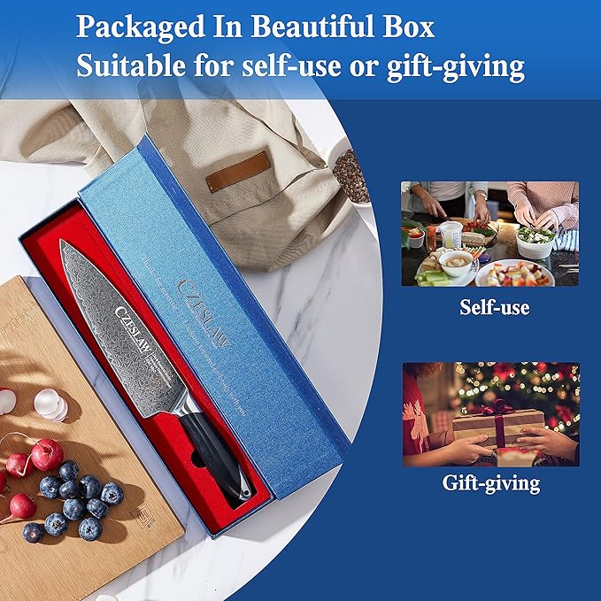 Chef Knife - 8 Inch kitchen knife, Japanese Damascus Chefs Knife, Professional Sharp Forged Black Japanese Damascus Cooking Knife, Full Tang, Ergonomic ABS Handle Design