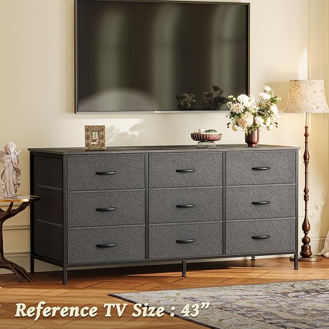 Huuger 9 Drawer Dresser, 47 Inch Dresser TV Stand for 50, 55 Inch TV, Entertainment Center with Drawers, Fabric Chest of Drawer for Bedroom, Closet, Black