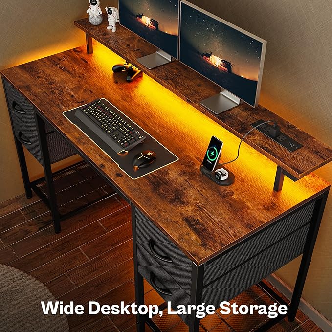 Huuger 55 inch Computer Desk with 4 Drawers, Gaming Desk with LED Lights & Power Outlets, Home Office Desk with Large Storage Space for Bedroom, Work from Home, Rustic Brown