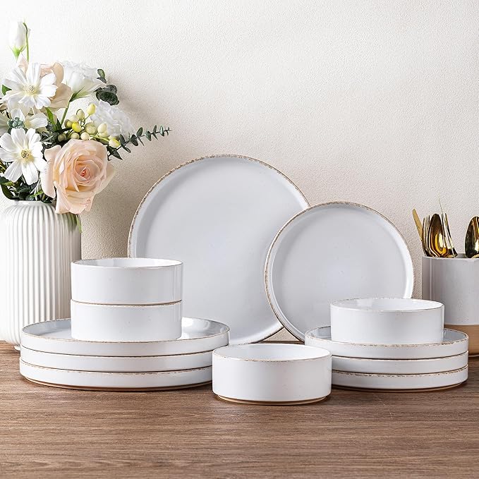 AmorArc Ceramic Dinnerware Sets for 6, 18 Pieces Handpainted Plates and Bowls Set with Rustic Terracotta Underside, Scratch Resistant Stoneware Dishes Set, Dishwasher & Microwave Safe