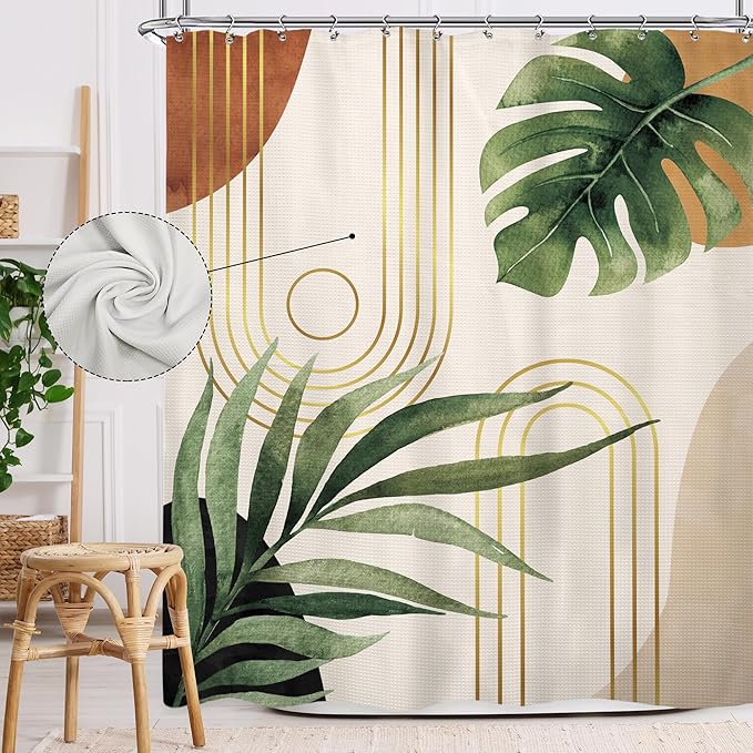 Glawry Waffle Boho Green Shower Curtain Thick Weighted Heavy Duty Abstract Mid Century Tropical Palm Leaf Modern Bathroom 72Wx72L Inches Bath Accessories Art Home Decor Fabric 12 Pack Hooks