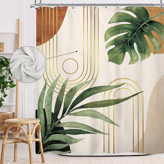Glawry Waffle Boho Green Shower Curtain Thick Weighted Heavy Duty Abstract Mid Century Tropical Palm Leaf Modern Bathroom 72Wx72L Inches Bath Accessories Art Home Decor Fabric 12 Pack Hooks