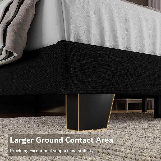 iPormis Full Platform Bed Frame with Fabric Upholstered Headboard & Thickened Legs, Mattress Foundation with Solid Wooden Slats Support, No Box Spring Needed, Noise Free, Black