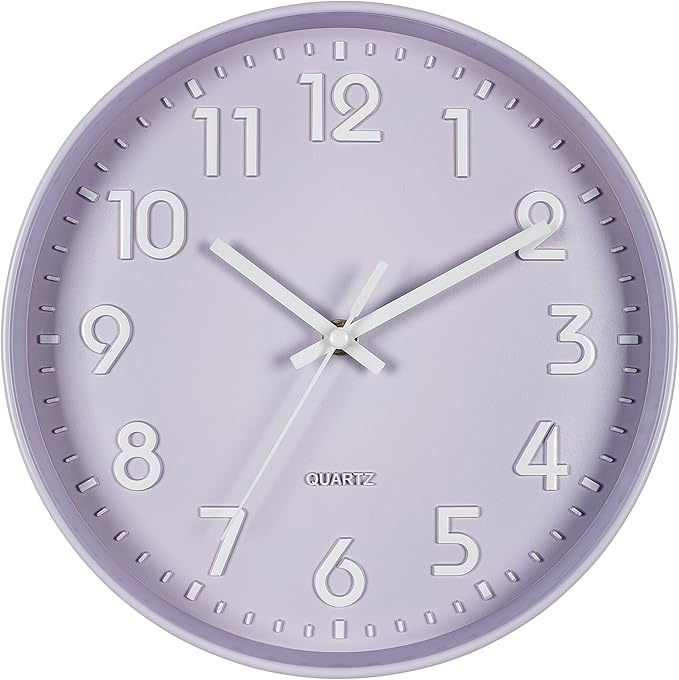 Bernhard Products Purple Wall Clock 10 Inch, Silent Non-Ticking, Quality Quartz 3D Numbers Battery Operated Round Pretty Clock for Kitchen/Office/Kids Bedroom/Baby Nursery Room