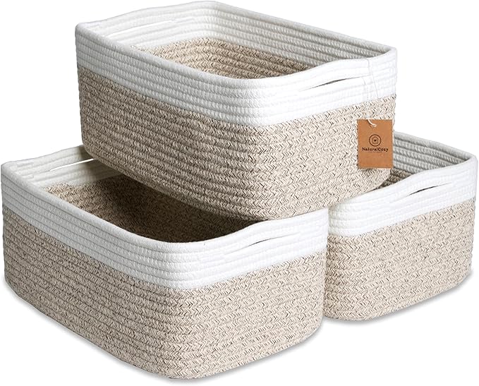 NaturalCozy 13.5”x8.5”x5.5” Storage Baskets for Shelves 3 Pack | Cotton Rope Woven Small Baskets for Organizing | Small Storage Bins for Nursery, Bathroom, Closet, Cube Shelf, Decorative, Gift