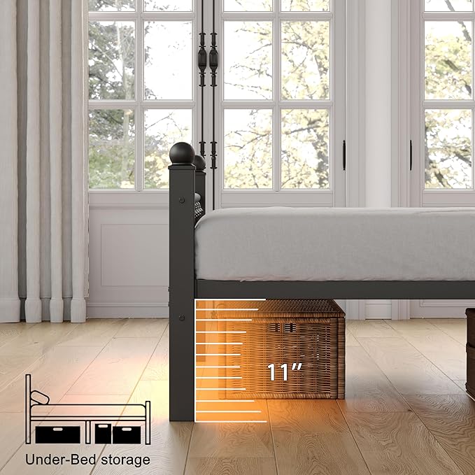 Full Bed Frame with Smart LED Lights, Storage Headboard and USB Charging Station,Heavy Duty Wooden Slats, No Box Spring Needed, Noise Free, Easy Assembly (Retro Black, Twin)