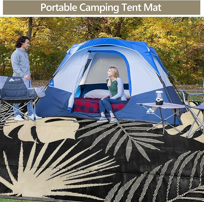 Waterproof Outdoor Rug 9x12 ft, Reversible Plastic Straw Mat with Leaf Pattern, Large Floor Mat for Patio, Camping, Picnic, Backyard RV, Deck, Black