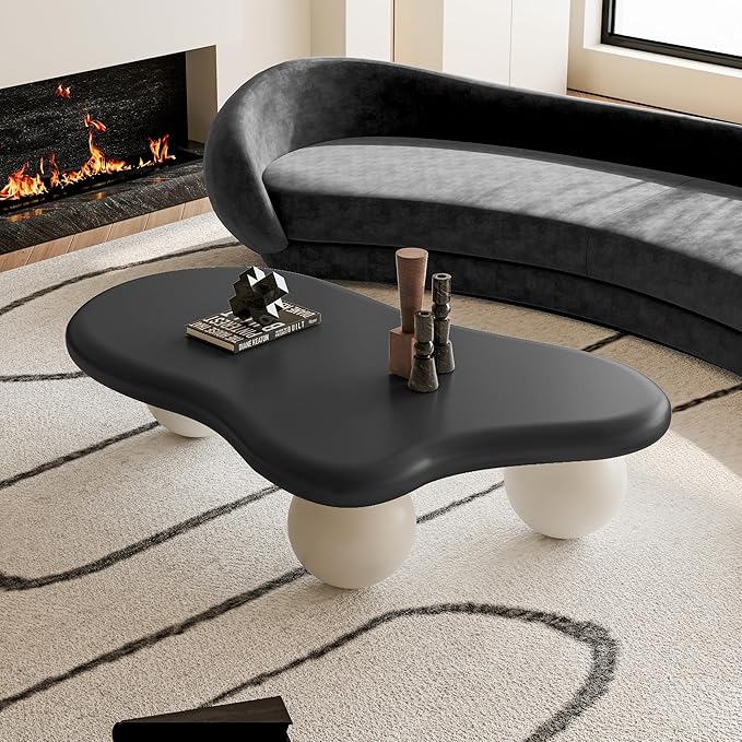 47 Inch Cloud Shaped Coffee Table with 3 Ball Legs for Living Room Black Top White Legs