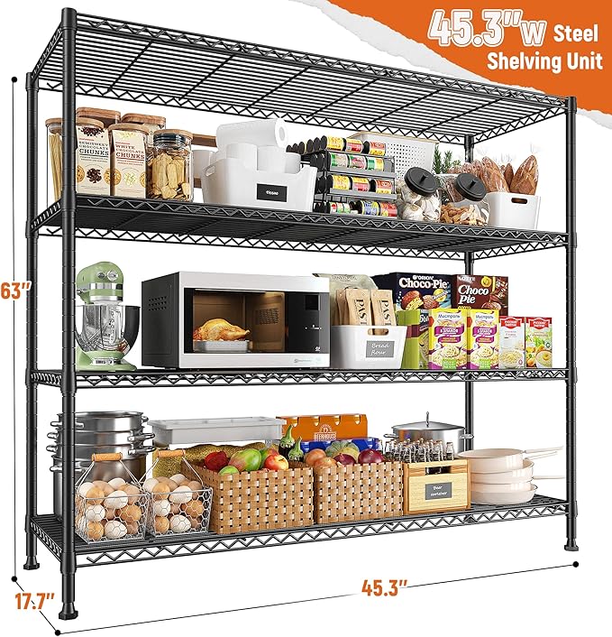 REIBII Storage Shelves 45.3''W Wire Shelving Unit 4 Tier Metal Shelves for Storage Rack Metal Shelving for Pantry Shelves Kitchen Steel Shelving, 45.3''W*63''H*17.7" D