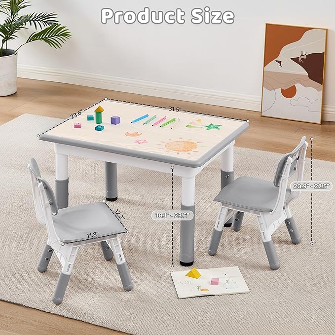 Adjustable Kids Table Chairs Set – Graffiti Desktop, Multi-Activity Height-Adjustable Toddler Study Desk for Ages 3-8 – Ideal for Home, Classroom, Daycare (W-Gray, 2 Chairs-31.5" L x 23.6" W)