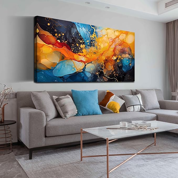 Large Abstract Canvas Wall Art Blue Orange Black Canvas Prints Modern Living Room Bedroom Home Office Wall Decor Framed Artwork Size 30x60