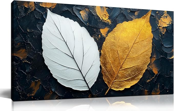 CANEITO Leaves Wall Art for Living Room, Black White and Gold Wall-Decor for Bedroom, Waterproof Canvas Print, Size 40x20 Inches