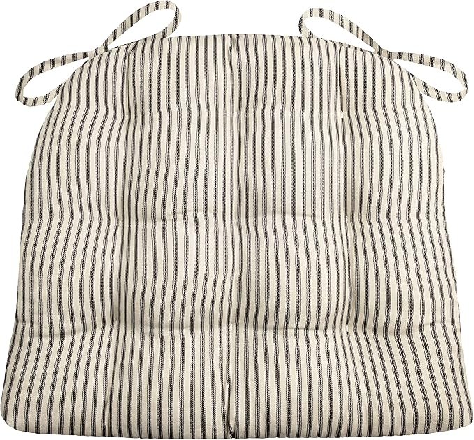 Barnett Home Decor Ticking Stripe Black Dining Chair Pad with Ties - 19" x 19" Size Large Chair Cushion - Latex Foam Fill - Machine Washable, Reversible, 100% Cotton, Made in USA