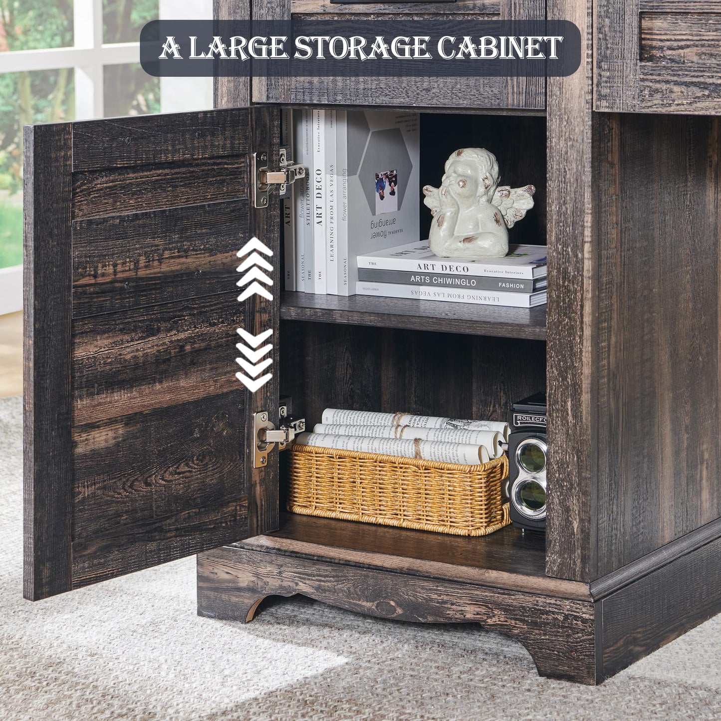 RedLemon 60" Farmhouse L Shaped Executive Desk with Drawers, Wood Home Office Corner Desk with Charging Station, File Drawer, Storage Cabinet, Rustic Computer Writing Desk (Dark Rustic Oak)