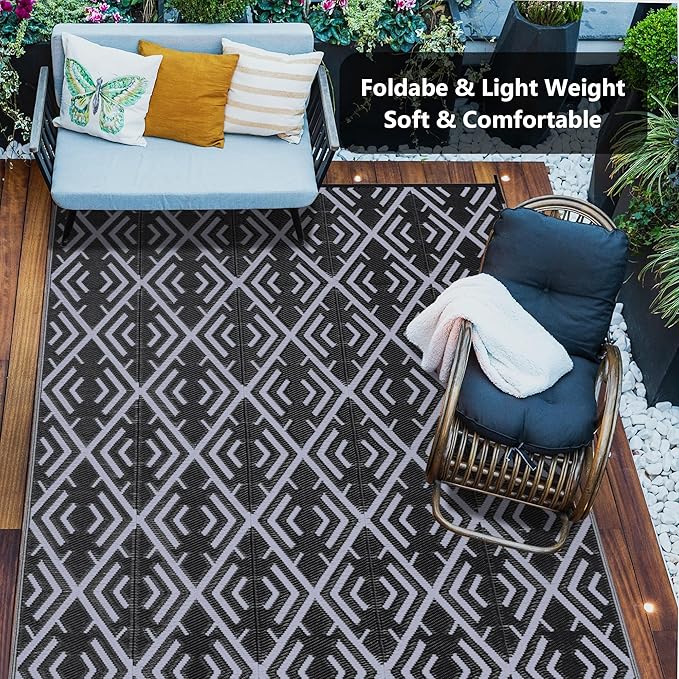 Outdoor Plastic Straw Rug, Waterproof Outdoor Rugs for Patios Clearance, Reversible Area Rug, Large Outside Carpet for Camping, Balcony, RV, Deck, Picnic, Beach (6x9ft Boho/Black&Grey)