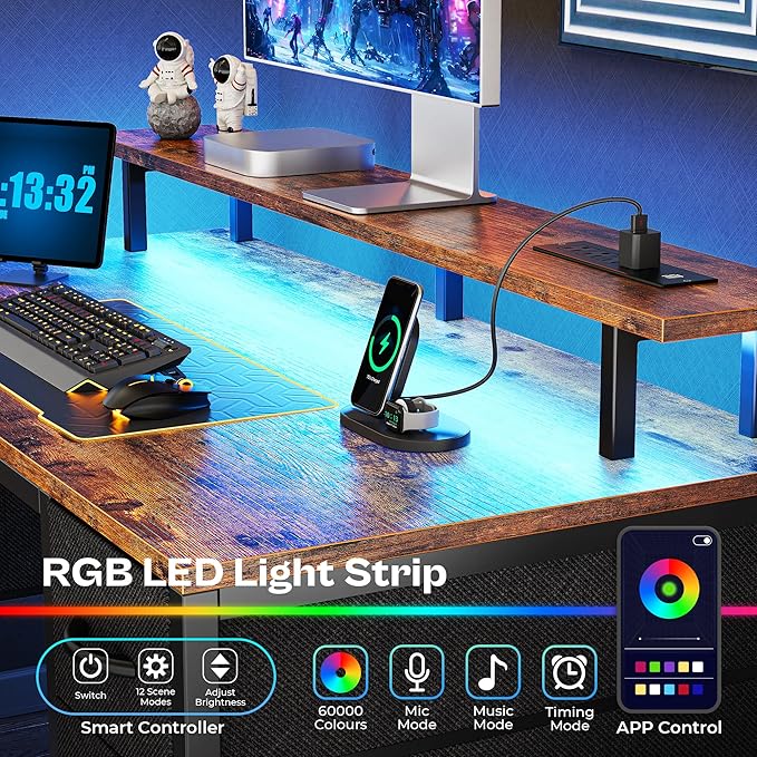 Huuger 55 inch Computer Desk with 4 Drawers, Gaming Desk with LED Lights & Power Outlets, Home Office Desk with Large Storage Space for Bedroom, Work from Home, Rustic Brown