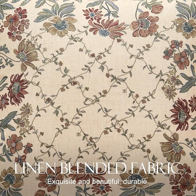 patdrea Designer Throw Pillow Covers Set of 2,Square Euro Retro Style Light Brown Linen with Floral Pattern Pillow Cover,Decorative Pillowcases Cushion for Bed Living Room Outdoor Car,18"x18"