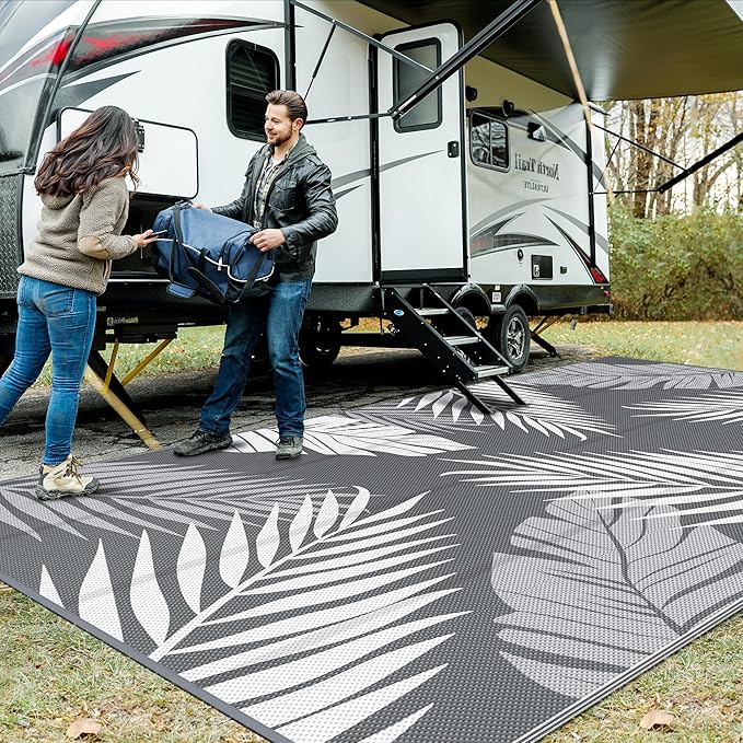 GENIMO Outdoor Rug 10' x 20' Waterproof for Patios Clearance, Reversible Outdoor Plastic Straw Camping Rug Carpet, Large Area Rugs Mats for RV, Camper, Deck, Balcony, Porch, Beach, Picnic, Grey&White